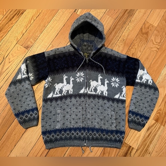Tejidos Ruminahui Sweaters - Tejidos Ruminahui Sweater Sz 8 Gray Full Zip Jacket Alpaca & Sun Print Hooded